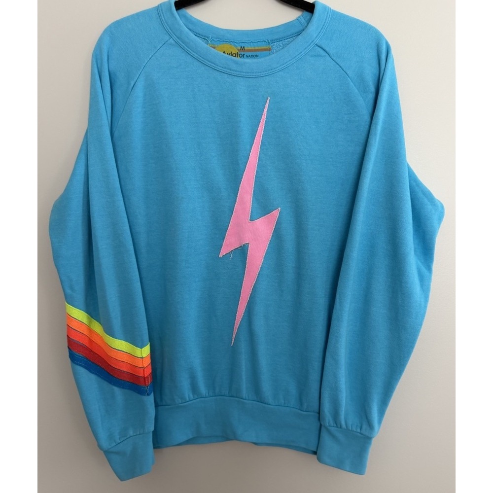 Aviator Nation Lightning Bolt Neon Chevron 5 Stripe Crew Sweatshirt Size Medium